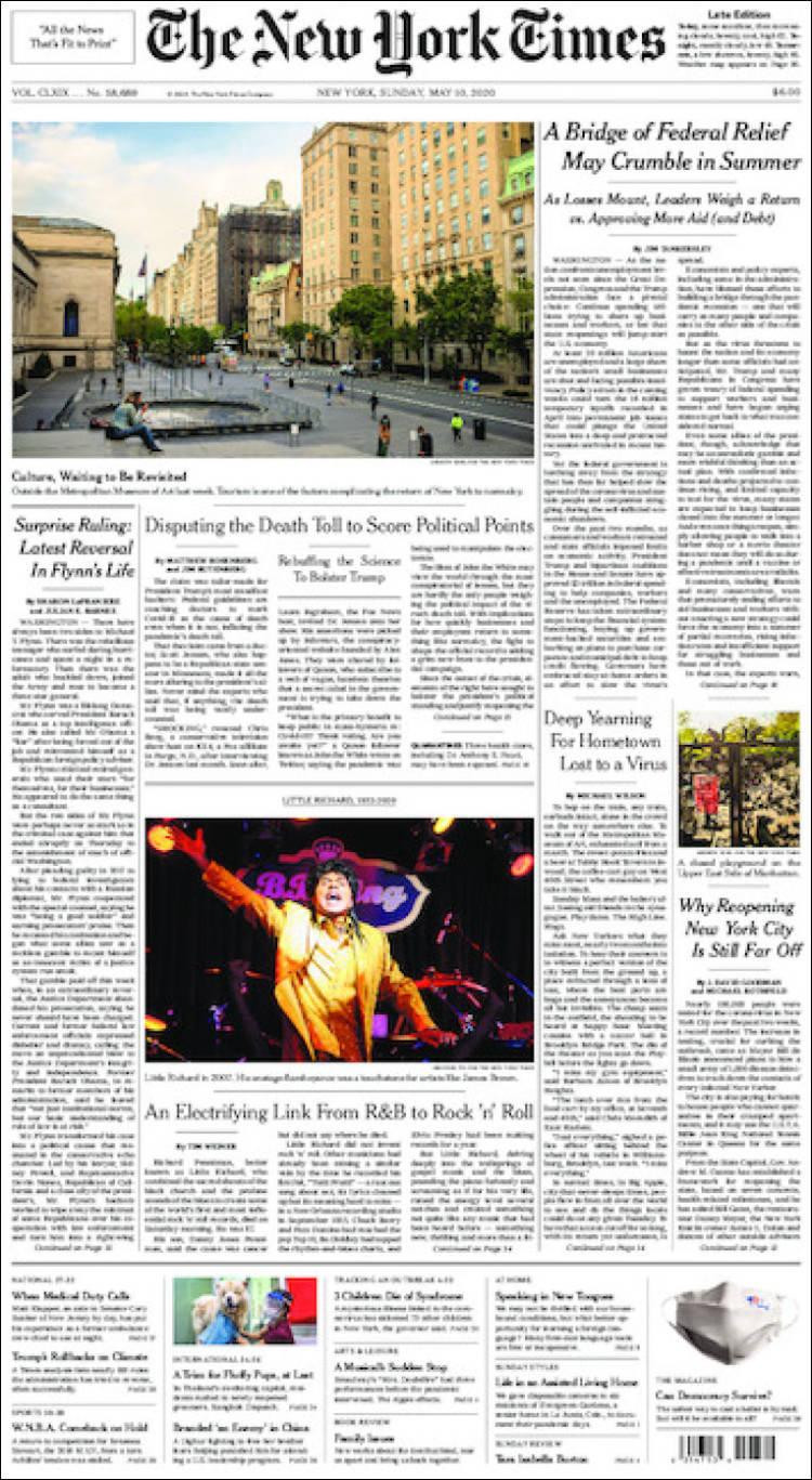 Tapa de diarios, The New York times, domingo 10 de mayo de 2020	