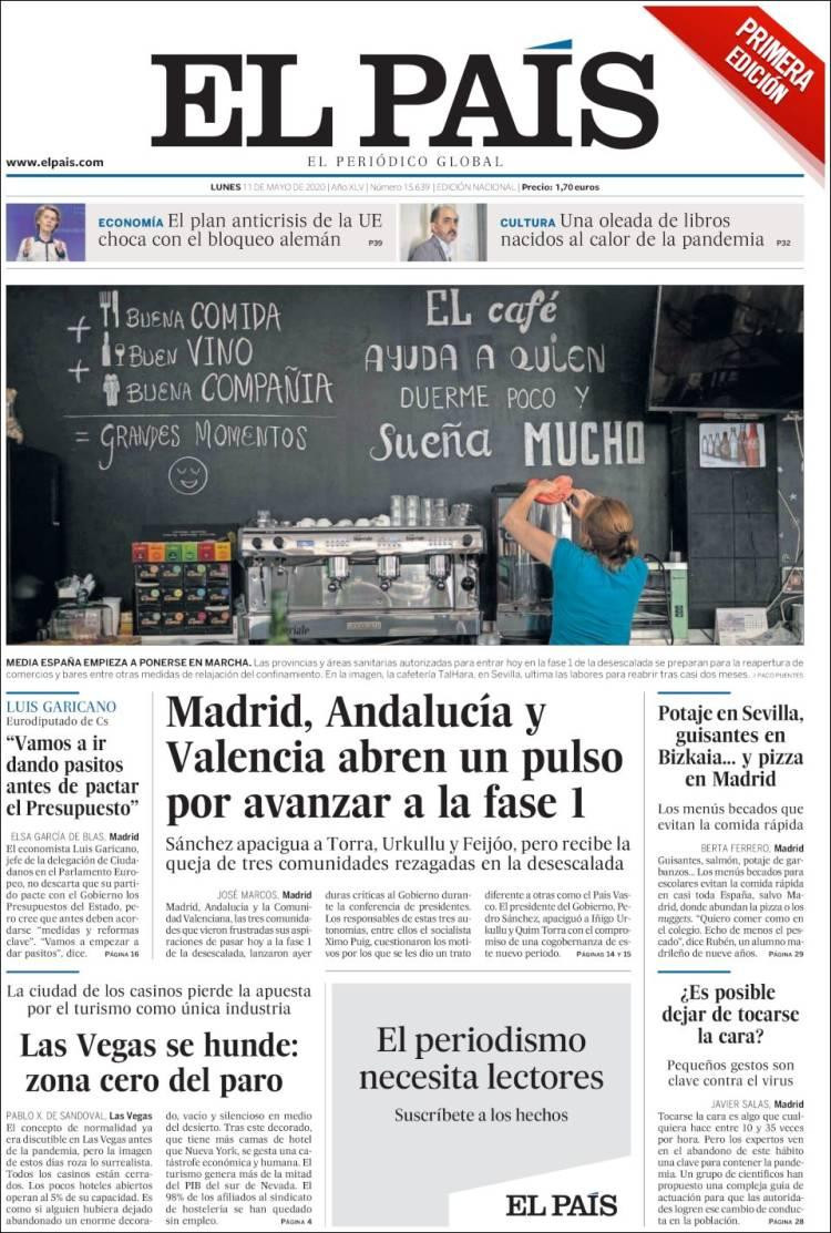 Tapas de diarios, El País, lunes 11 de mayo de 2020