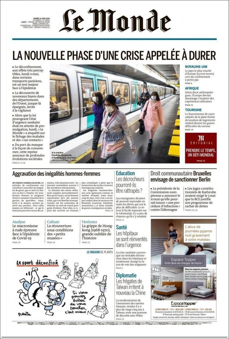 Tapas de diarios, Le Monde, martes 12 de mayo de 2020