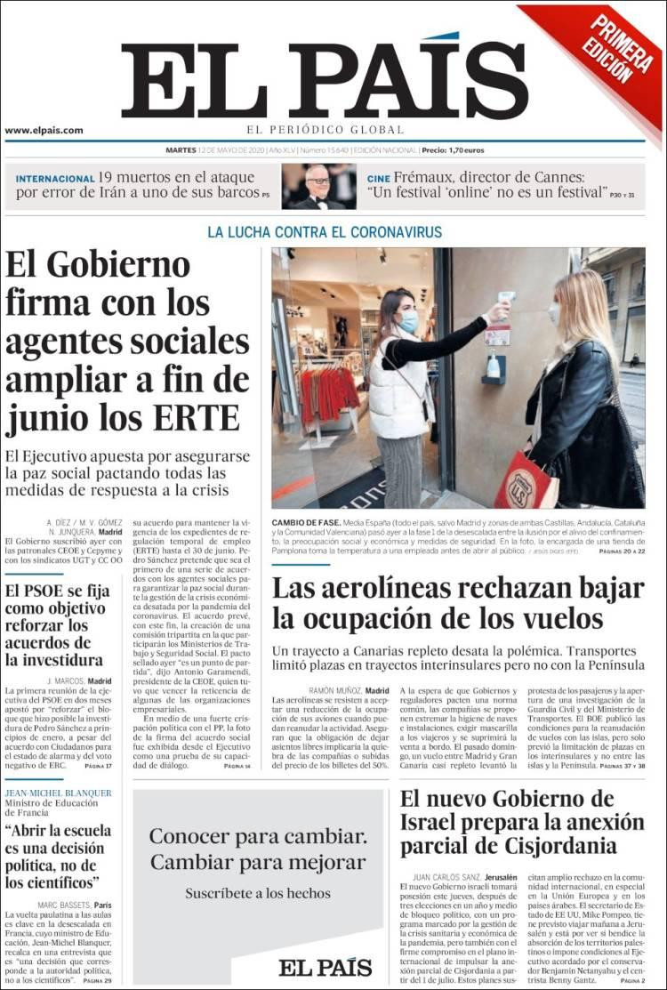 Tapas de diarios, El País, martes 12 de mayo de 2020