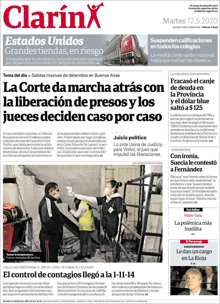 Tapas de diarios, Clarín, martes 12 de mayo de 2020