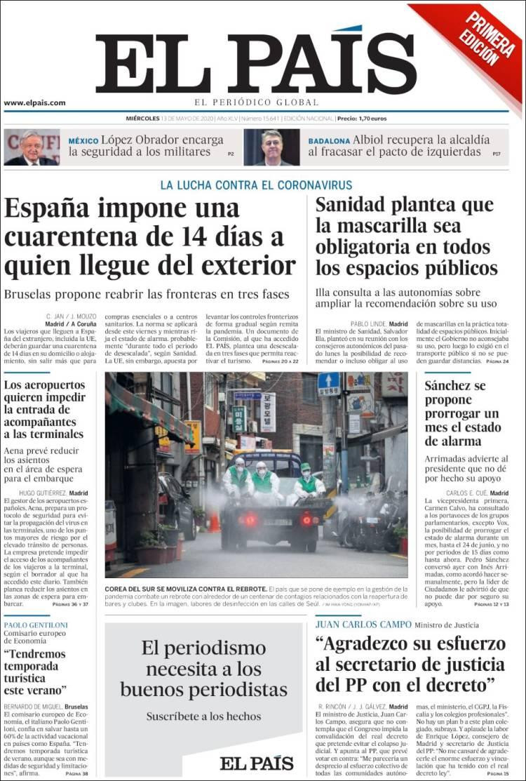 Tapas de diarios, El País, miércoles 13 de mayo de 2020