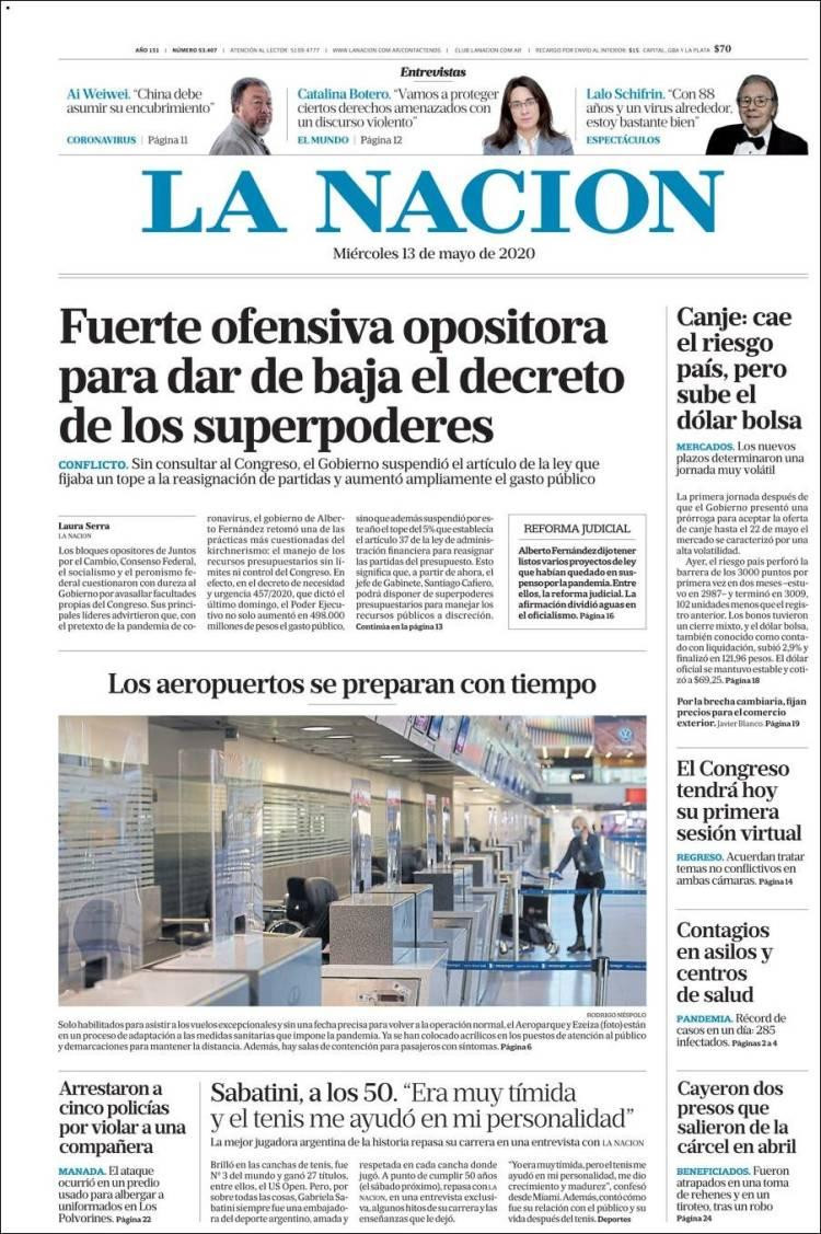 Tapas de diarios, La Nación, miércoles 13 de mayo de 2020