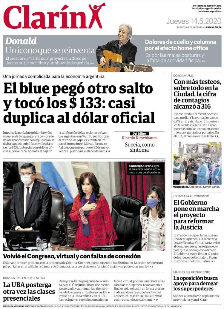 Tapas de diarios, Clarin, jueves 14 de mayo de 2020