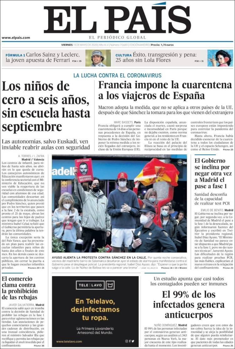 Tapas de diarios, El Pais de España, viernes 15 de mayo de 2020