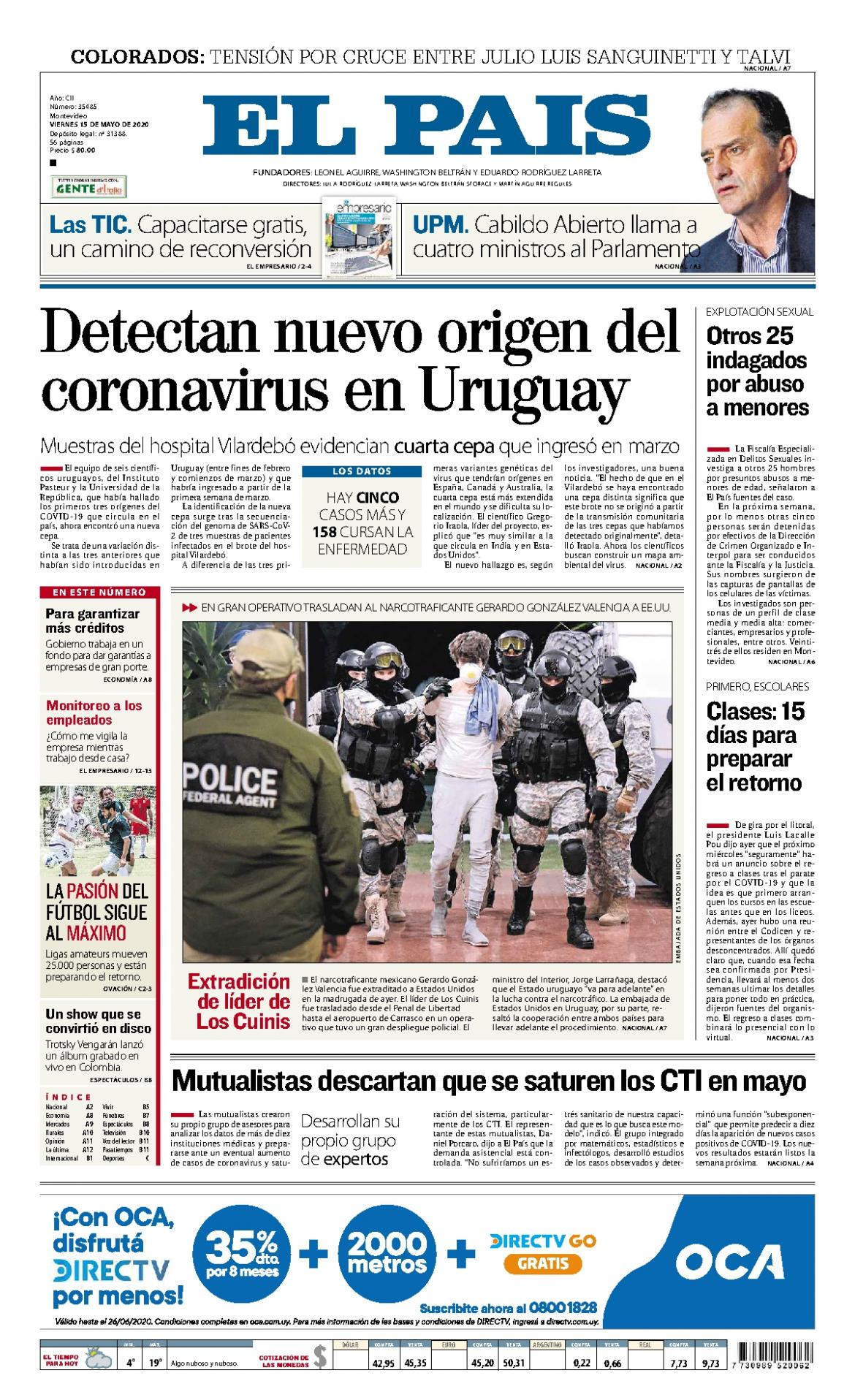 Tapas de diarios, El Pais de Uruguay, viernes 15 de mayo de 2020