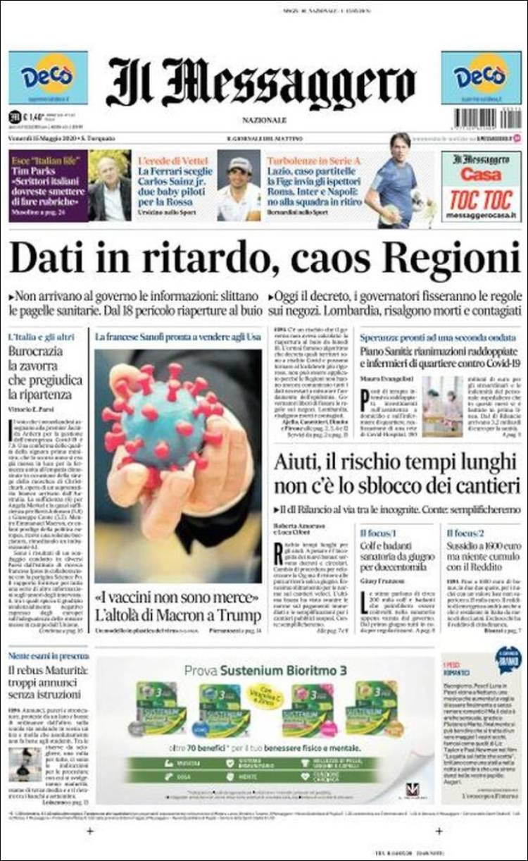 Tapas de diarios, Il Messaggero de Italia, viernes 15 de mayo de 2020