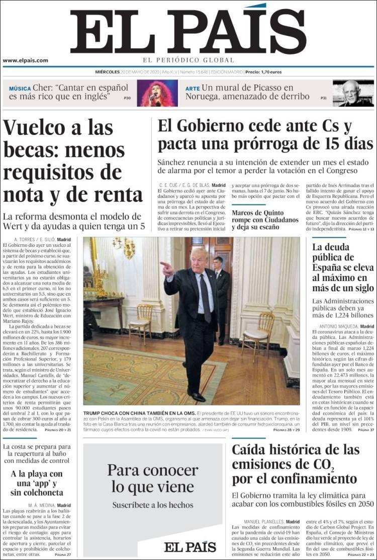 Tapas de diarios, El país, miércoles 20 de mayo de 2020	