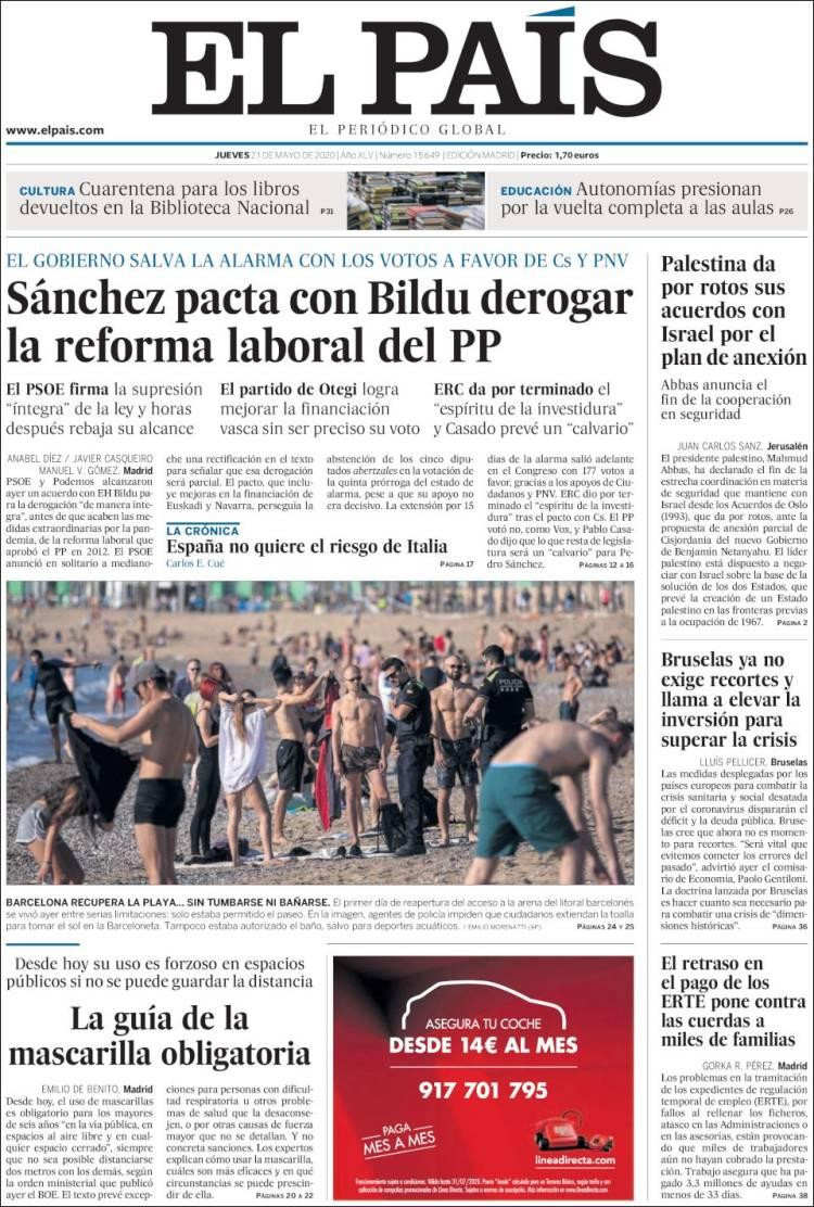 Tapas de diarios, El País, jueves 21 de mayo de 2020