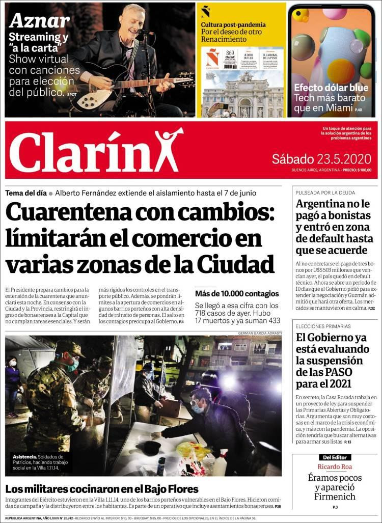 Tapas de diarios, Clarin, sábado 23 de mayo de 2020	