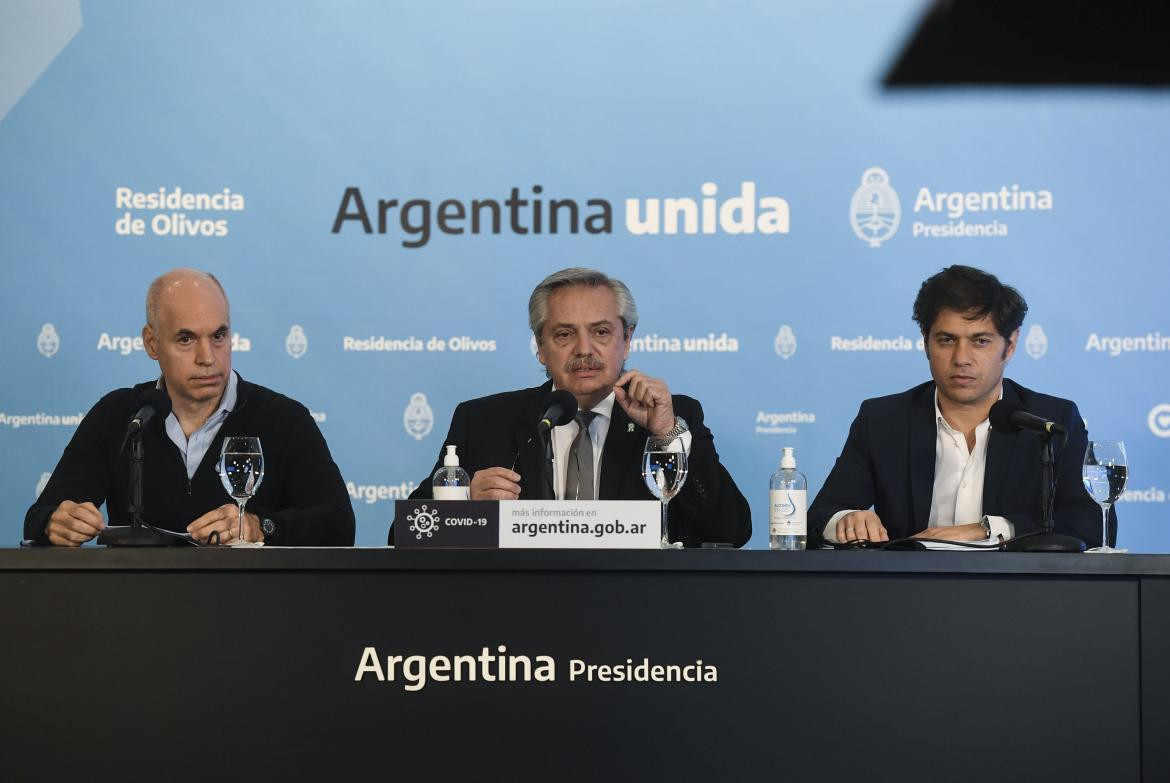 Alberto Fernández, Horacio Larreta y Axel Kicillof, anuncio extensión de cuarentena, NA