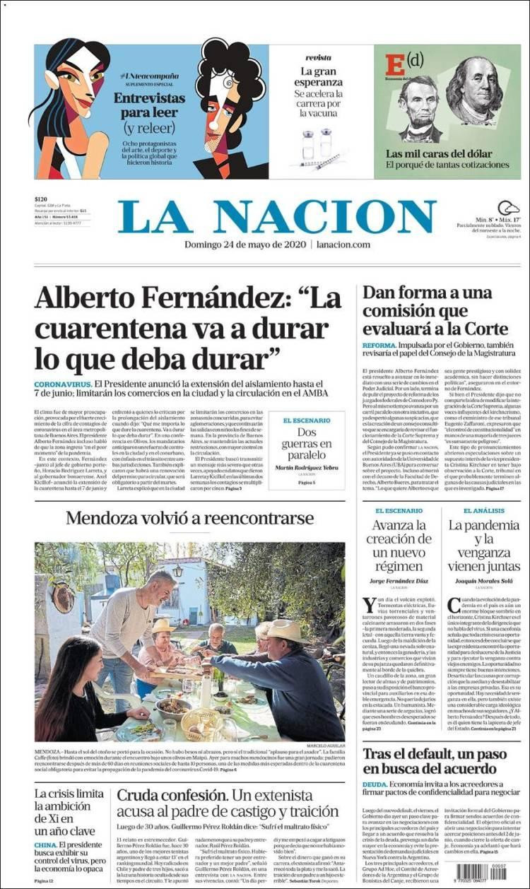 Tapas de diarios, La nación, domingo 24 de mayo de 2020	