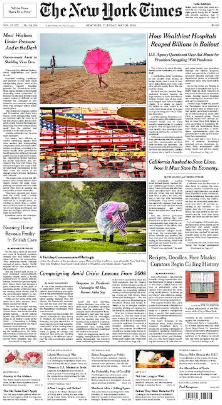 Tapas de diarios, New York Times, martes 26 de mayo de 2020