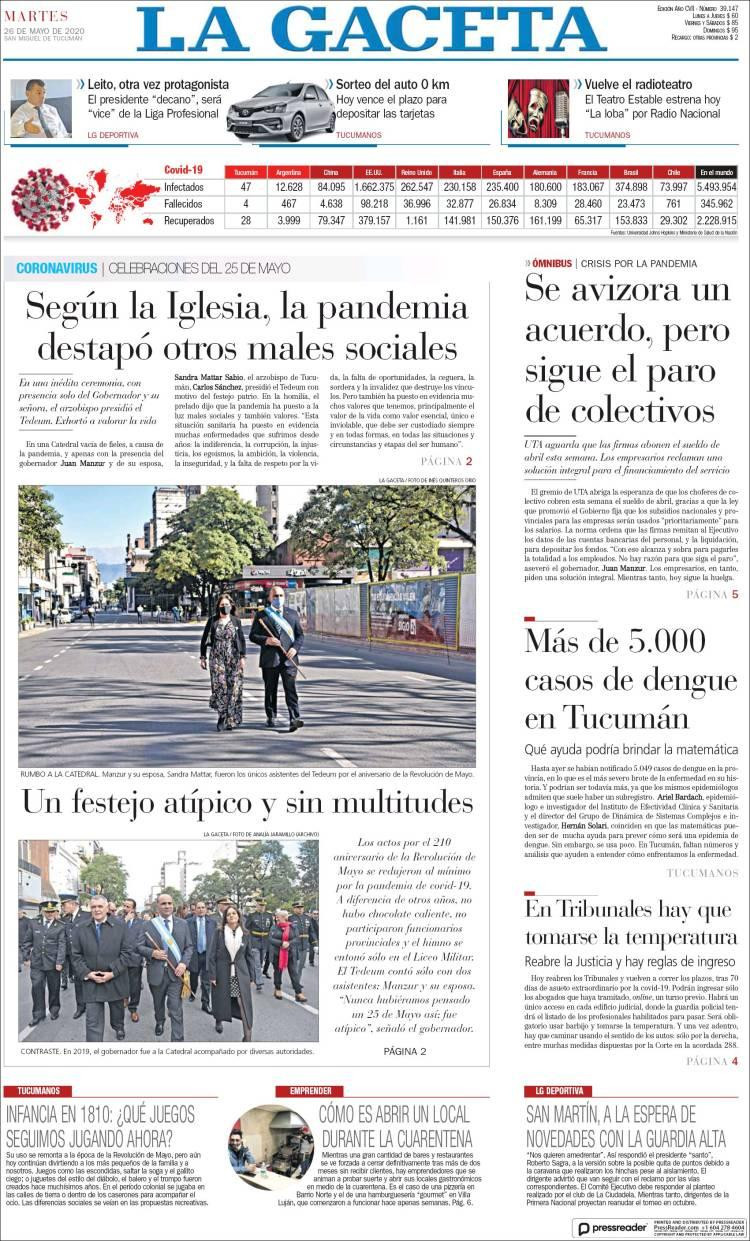 Tapas de diarios, La Gaceta, martes 26 de mayo de 2020