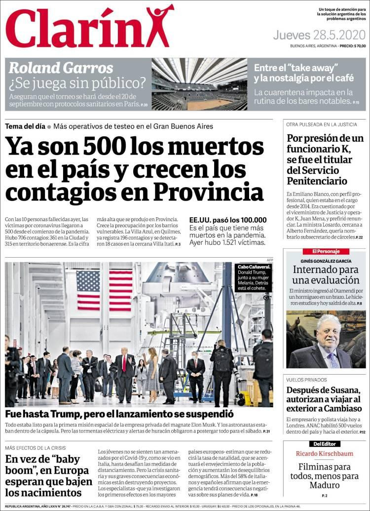 Tapas de diarios, Clarin, jueves 28 de mayo de 2020