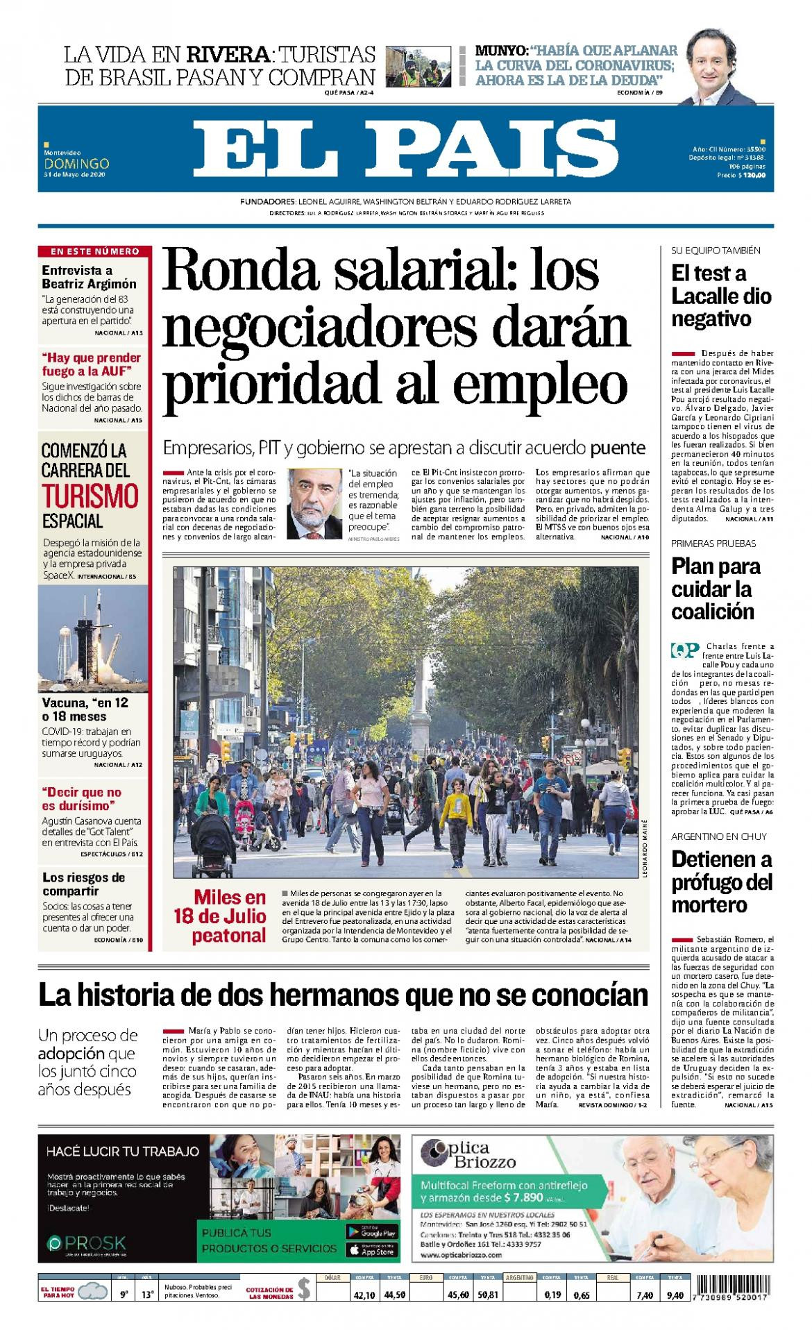 Tapas de diarios, El Pais de Uruguay, domingo 31 de mayo de 2020