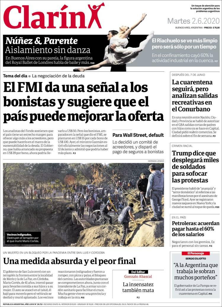 Tapas de diarios, Clarín, martes 2 de junio de 2020