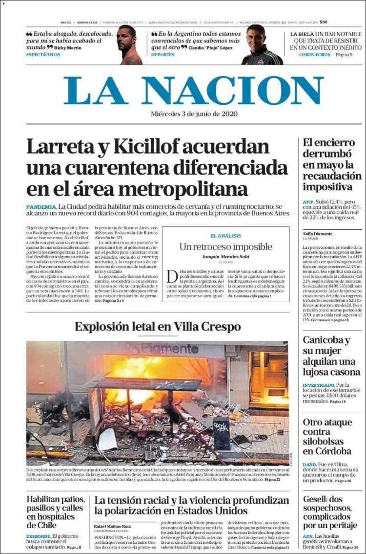 Tapas de diarios, La nacion, miercoles 3 de junio de 2020	