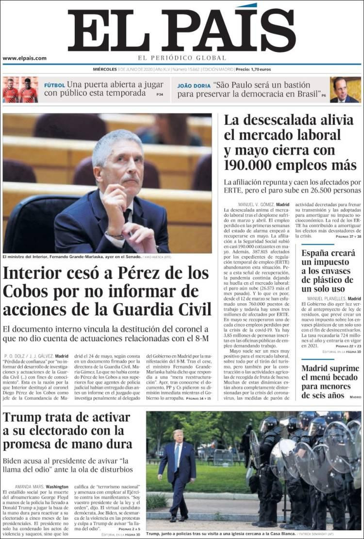 Tapas de diarios, El pais, miercoles 3 de junio de 2020	