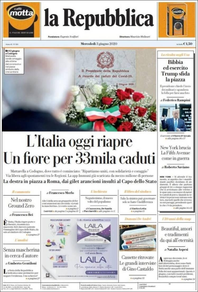 Tapas de diarios, La repubblica, miercoles 3 de junio de 2020	