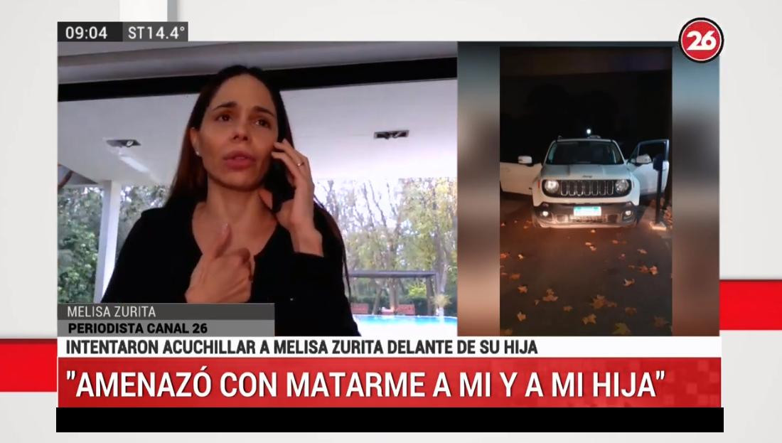 Melisa Zurita, relatando episodio de intento de asesinato en Canal 26