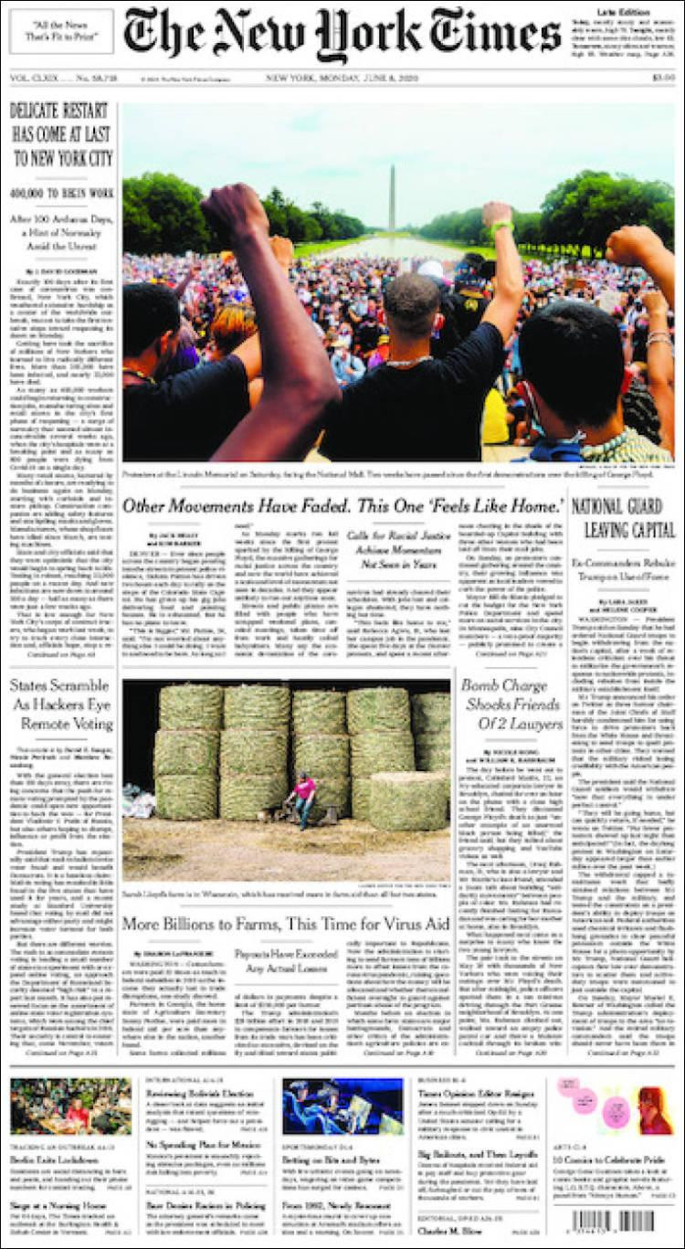 Tapas de diarios, New York Times, lunes 8 de junio de 2020