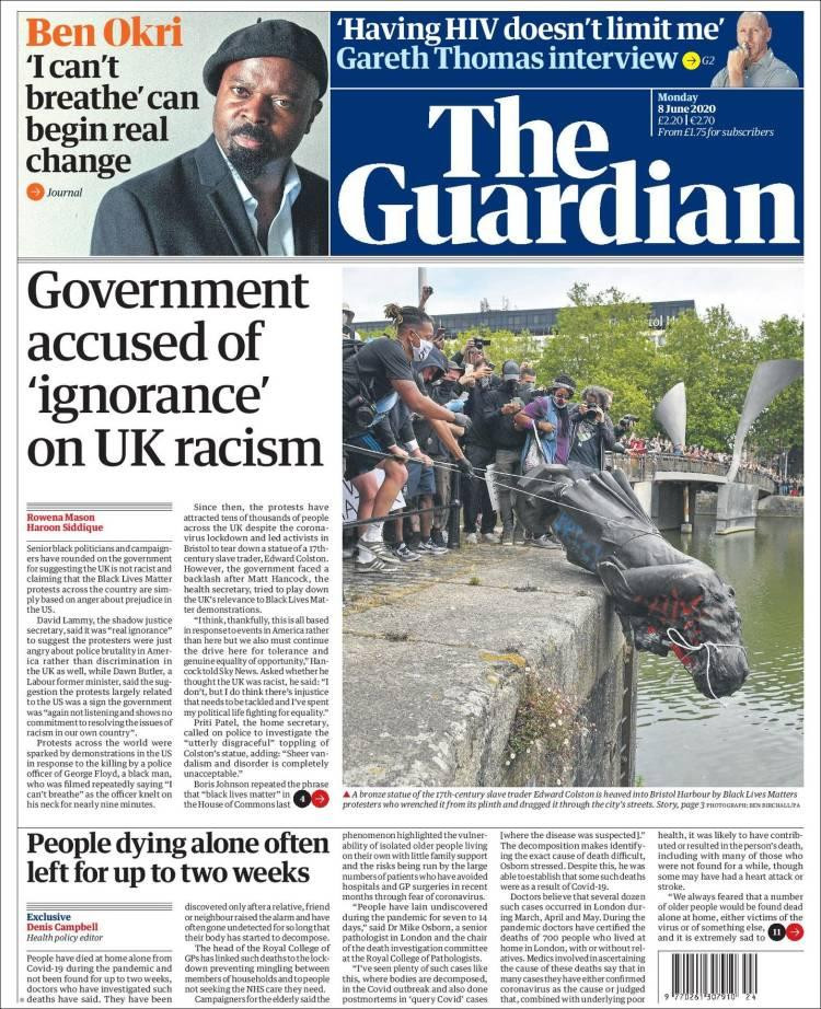 Tapas de diarios, Guardian, lunes 8 de junio de 2020