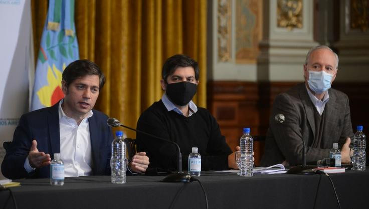 El gobernador bonarense, Axel Kicillof; el jefe de Gabinete, Carlos Bianco, y el ministro de Salud, Daniel Gollán, coronavirus en Provincia