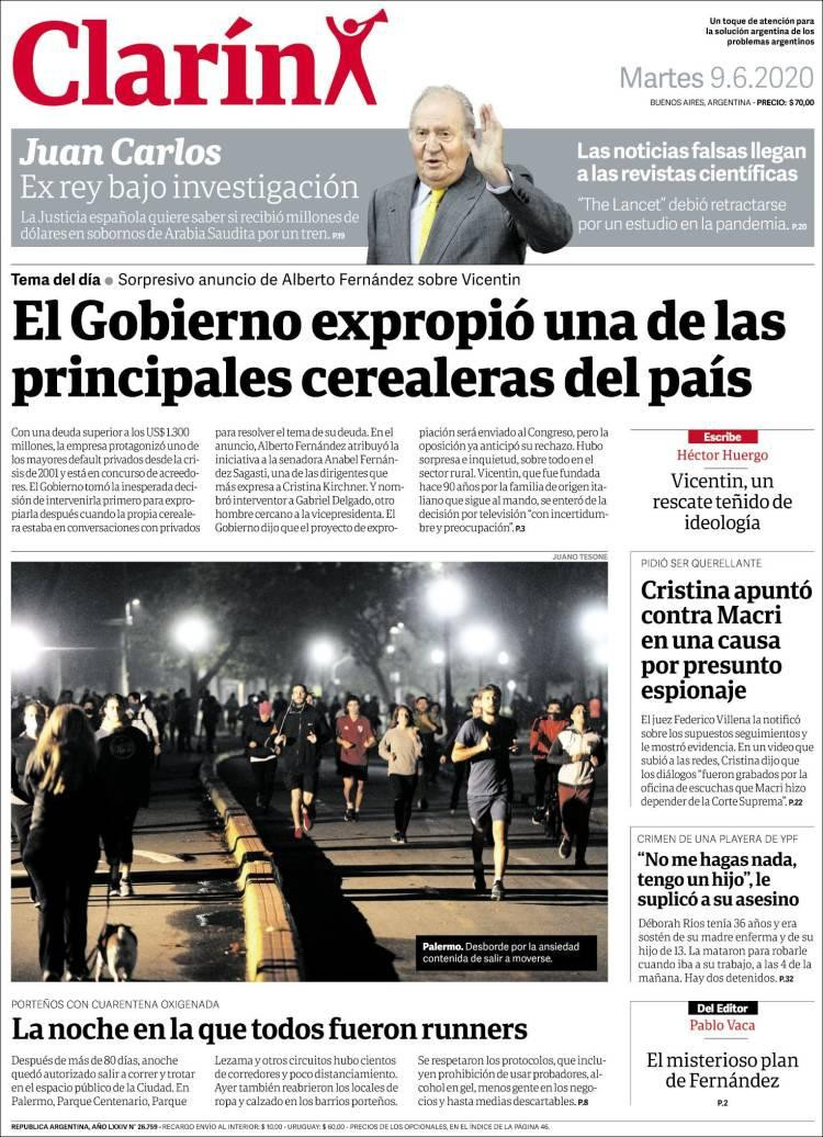 Tapas de diarios, Clarín, martes 9 de junio de 2020