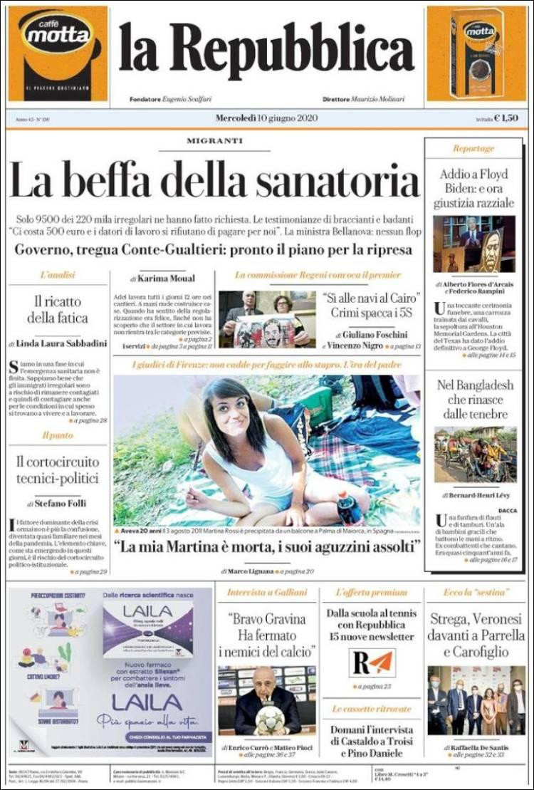 Tapas de diarios, La repubblica, miércoles 10 de junio de 2020	