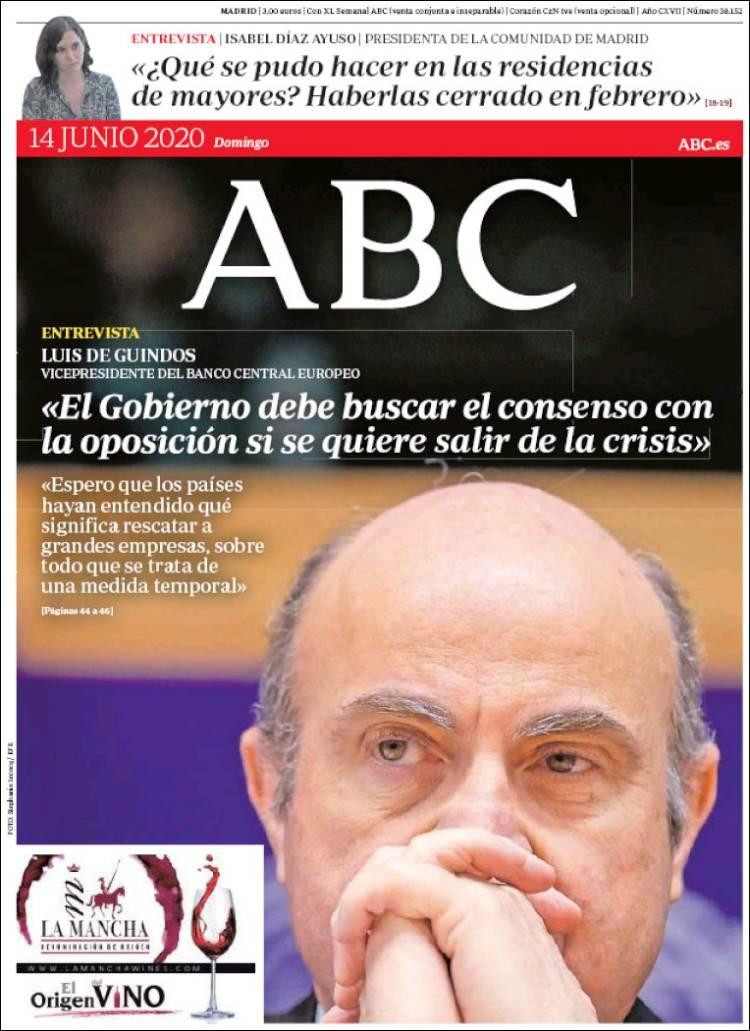 Tapa de diarios, ABC, domingo 14 de junio de 2020	