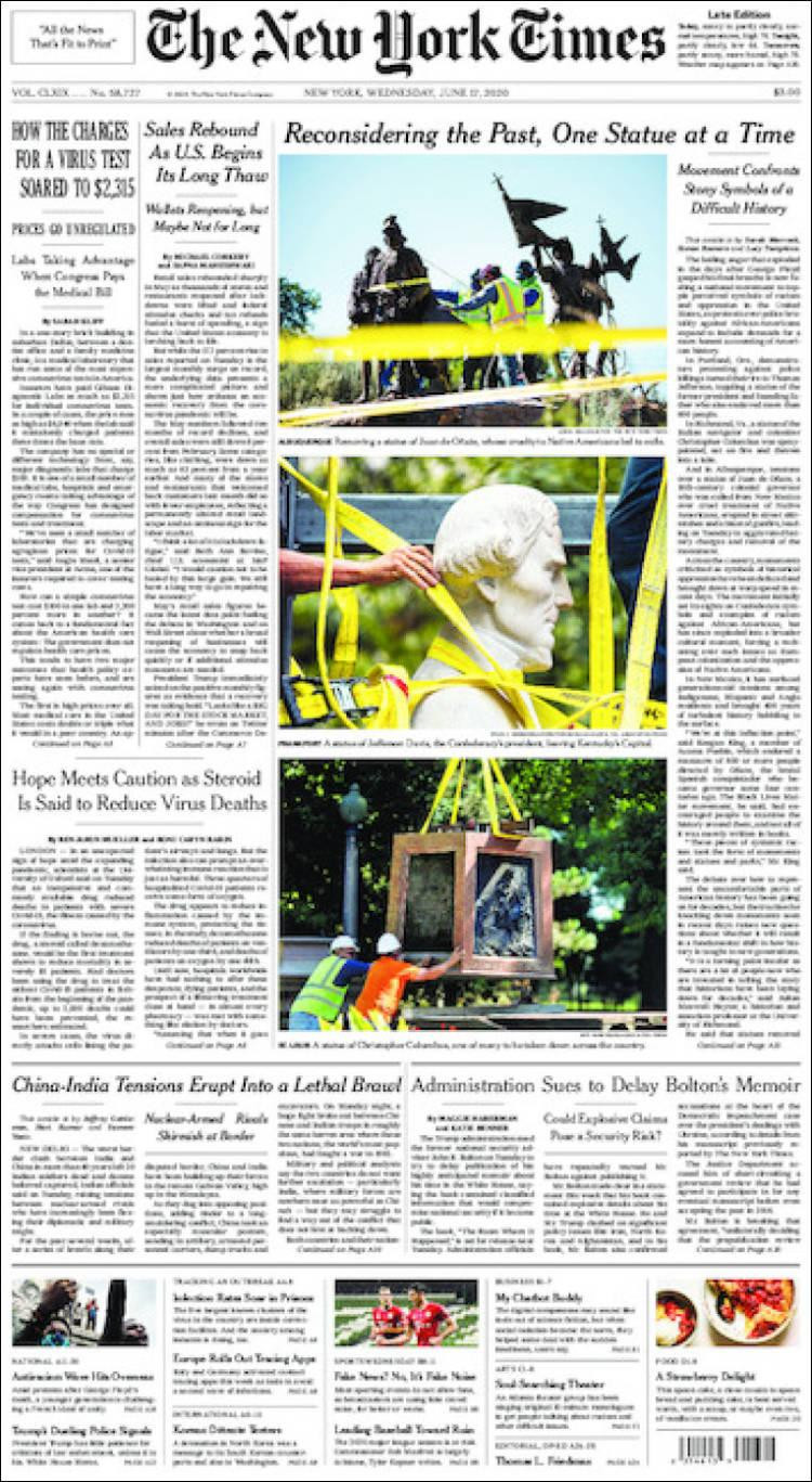 Tapas de diarios, The New York Times de Estados Unidos. miércoles 17 de junio de 2020