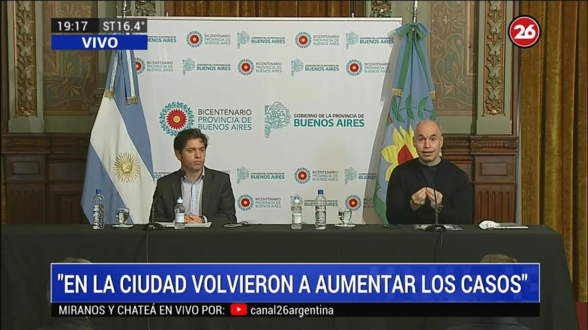 Rodríguez Larreta y Axel Kicillof, conferencia en La Plata, Coronavirus en AMBA, Argentina, CANAL 26	