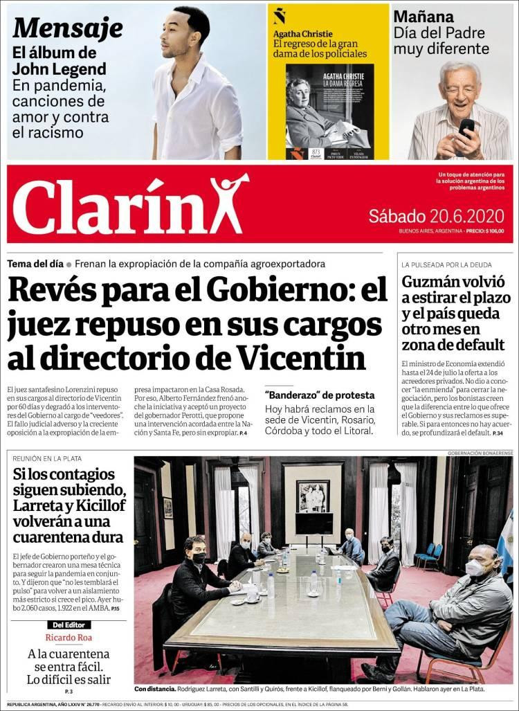 Tapas de diarios, Clarin, sábado 20 de junio de 2020