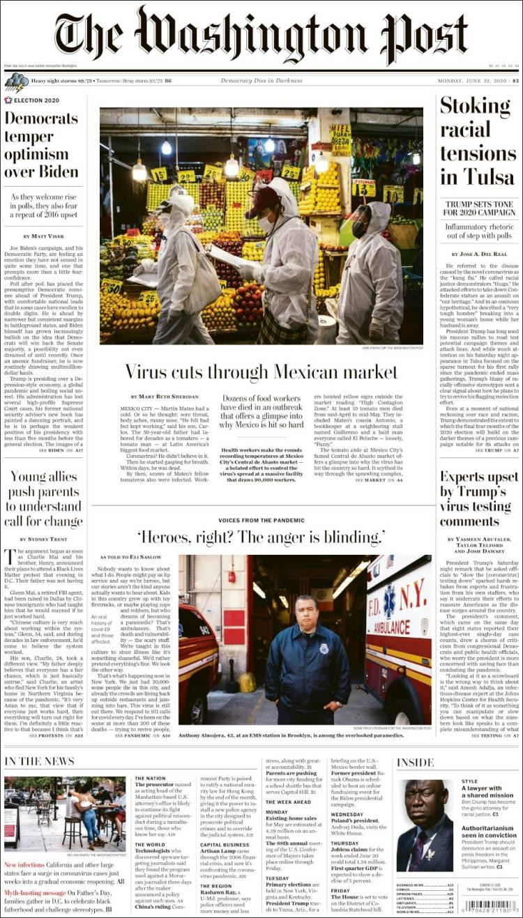 Tapas de diarios, The Washington Post de EE.UU., lunes 22 de junio de 2020