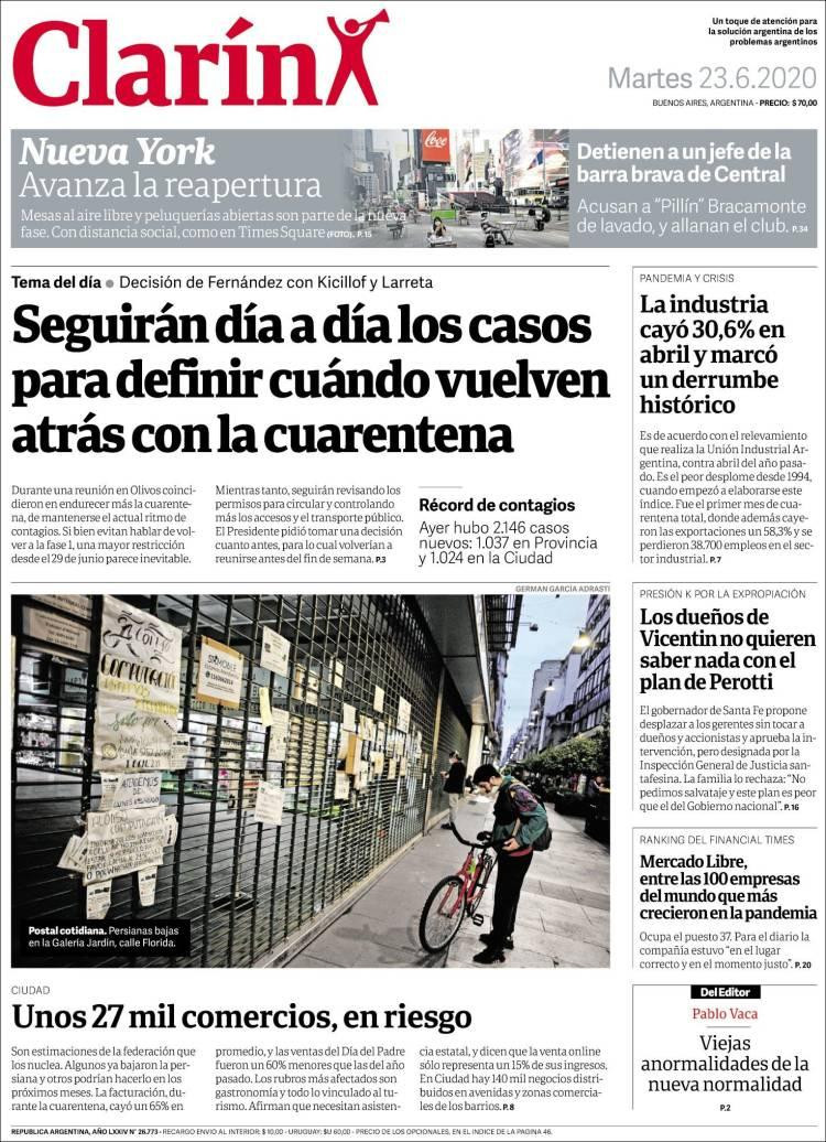 Tapas de diarios, Clarin, martes 23 de junio de 2020