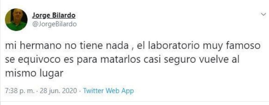 Tuit del hermano de Carlos Bilardo sobre la salud del entrenador