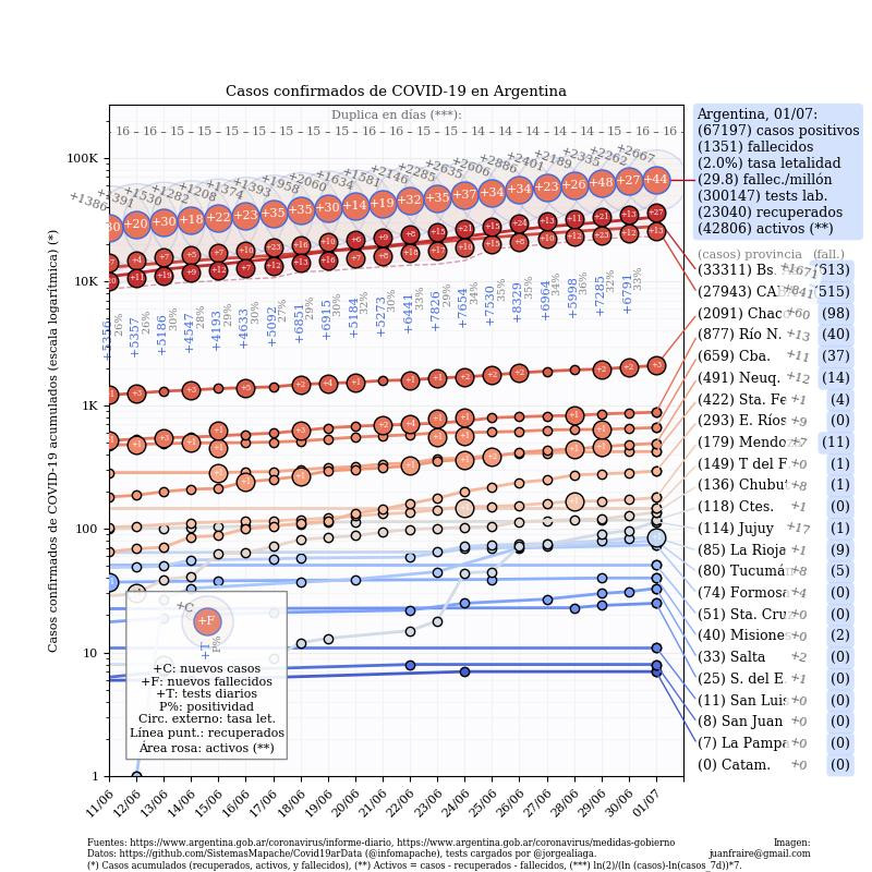 Curva de casos en Argentina actualizada con los reportes matutinos y vespertinos, @TotinFraire