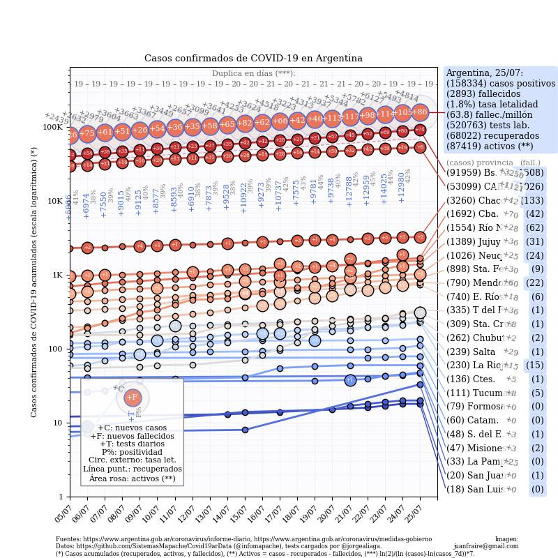 Curva de casos en Argentina actualizada con los reportes matutinos y vespertinos, 25-7-2020- @TotinFraire	