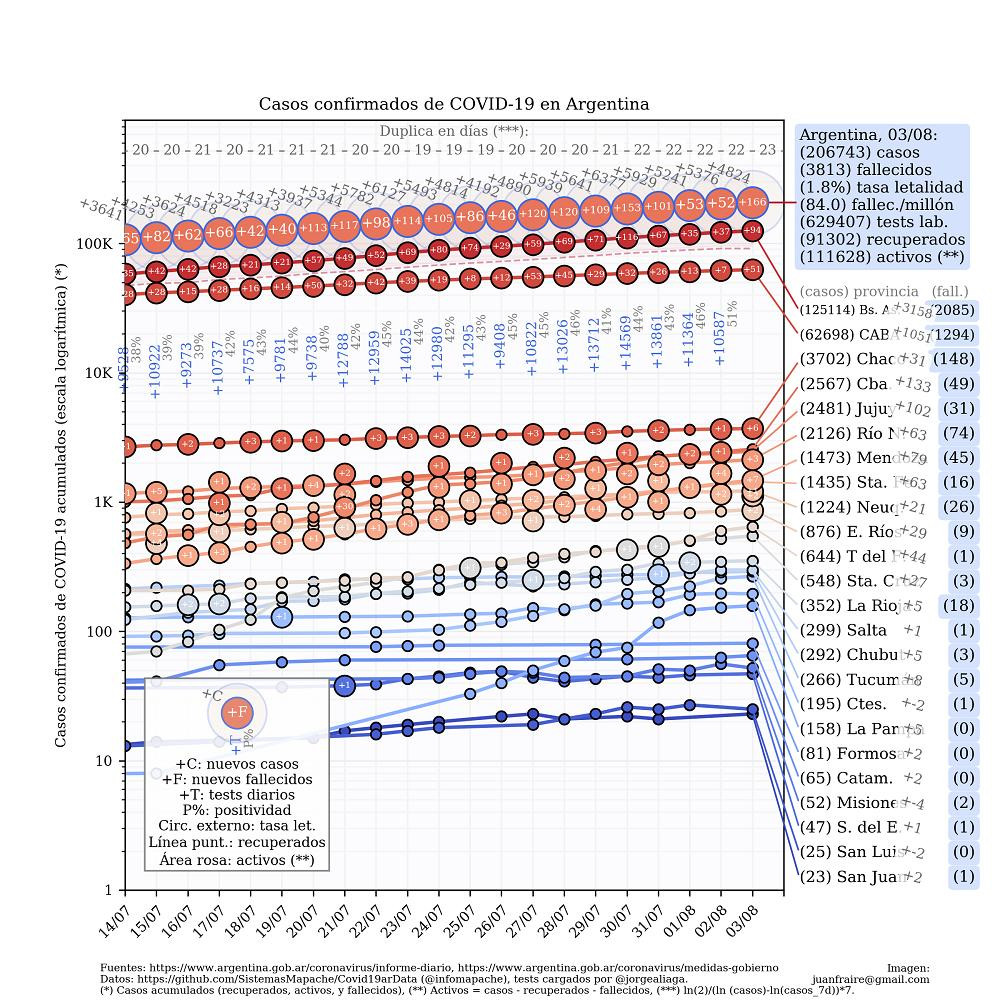 Curva de casos en Argentina actualizada con los reportes matutinos y vespertinos, @TotinFraire - 3-8-2020	
