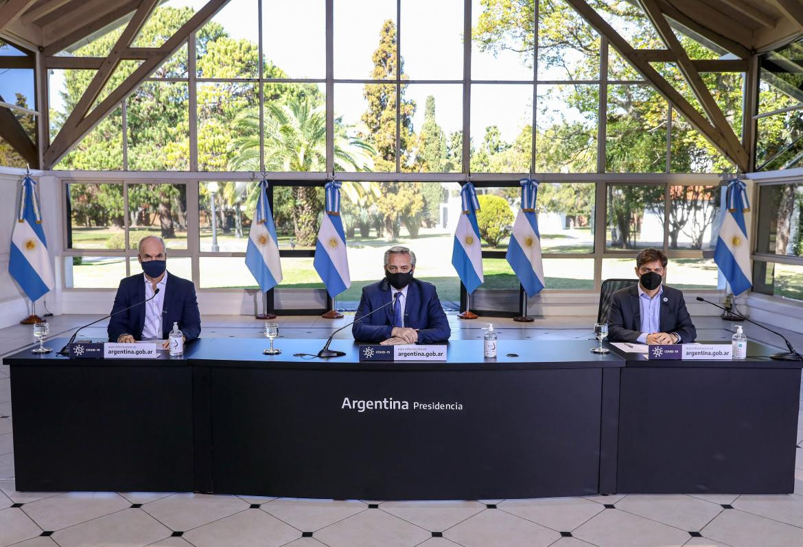 Alberto Fernández, Horacio Rodríguez Larreta, Axel Kicillof, anuncio de cuarentena en Quinta de Olivos, NA