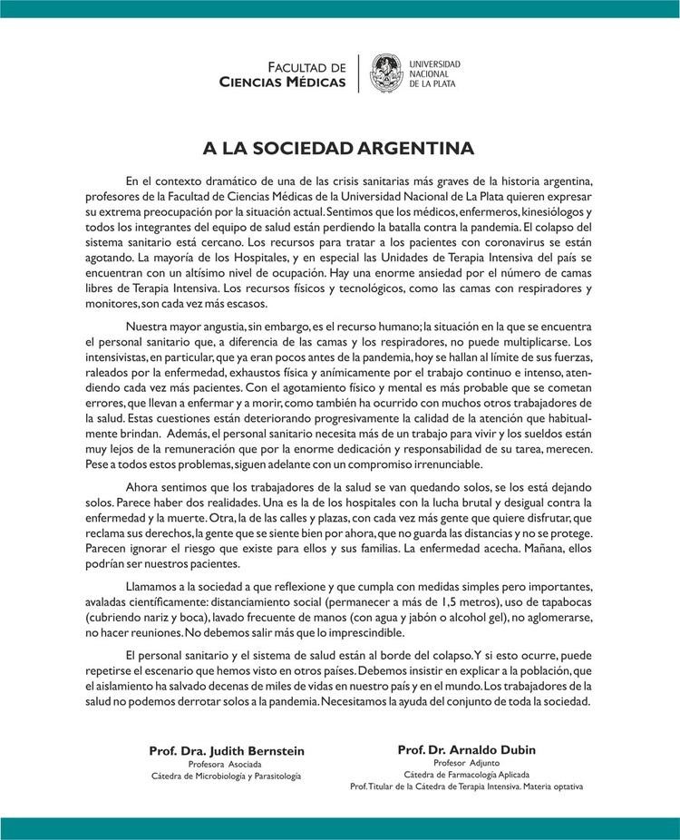 Comunicado de Facultad de Ciencias Médicas de La Plata