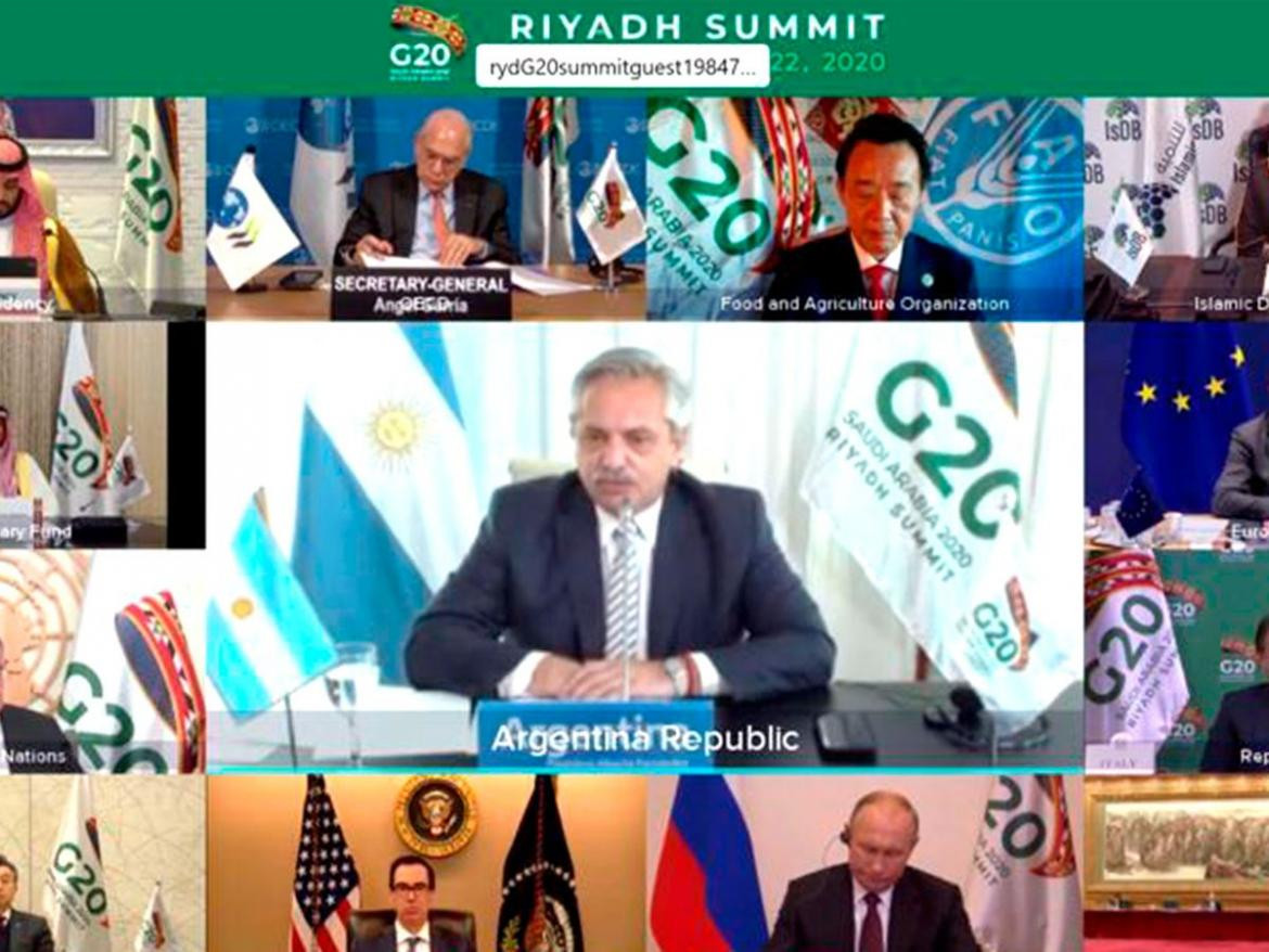 Alberto Fernández en conferencia con el G20