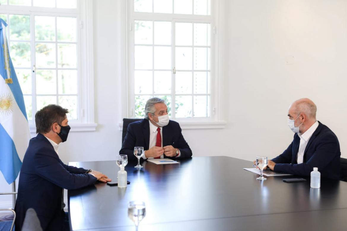 Reunión de Alberto Fernández, Axel Kicillof y Horacio Rodríguez Larreta en Olivos