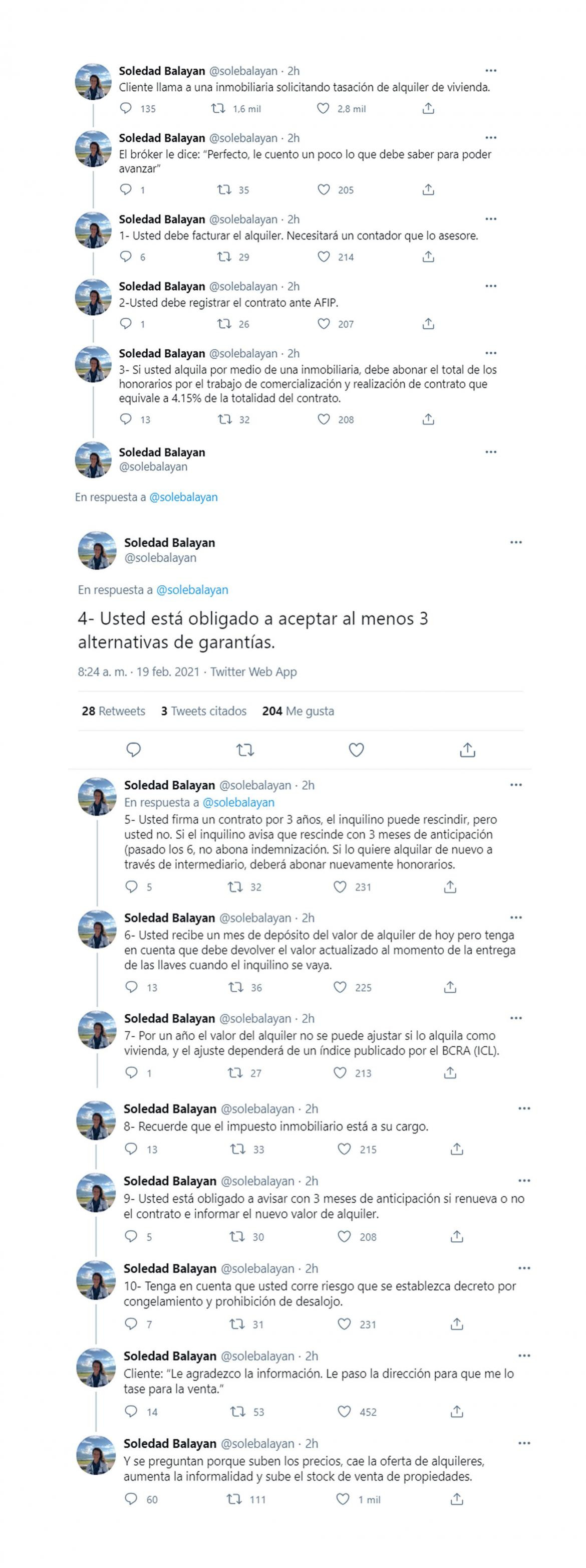 Hilo de Twitter de Soledad Balayan sobre alquileres