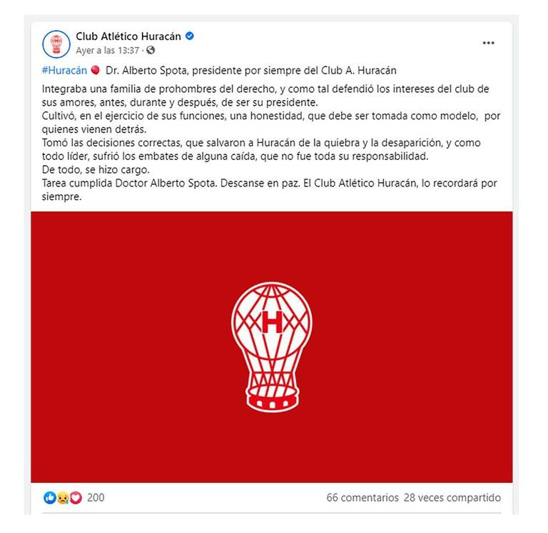 Aviso del club Huracán sobre muerte de su ex presidente