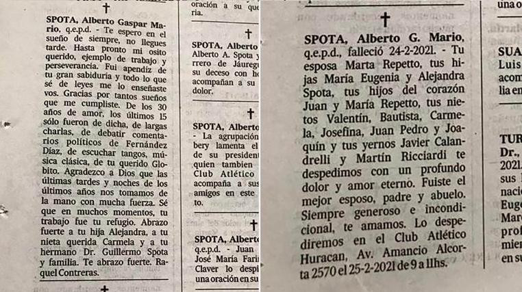 Mario Spota, aviso fúnebre