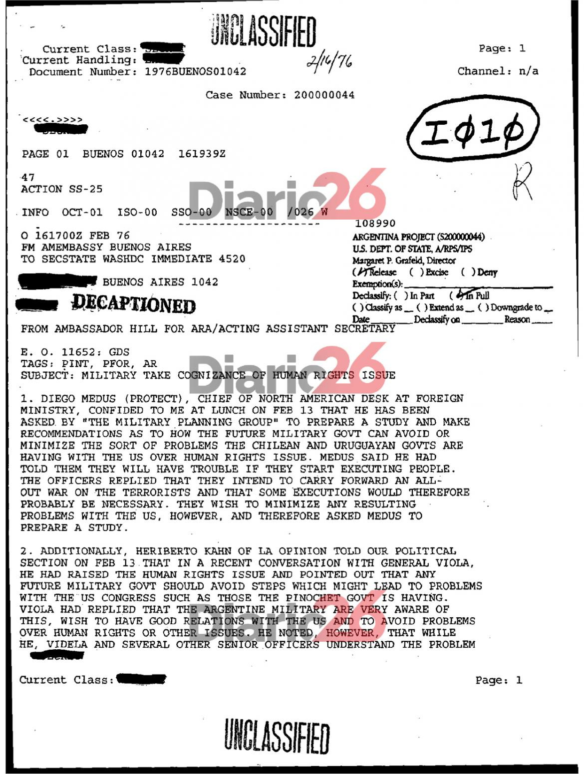 24 de marzo de 1976, golpe militar, dictadura militar en Argentina, documentos de Estados Unidos