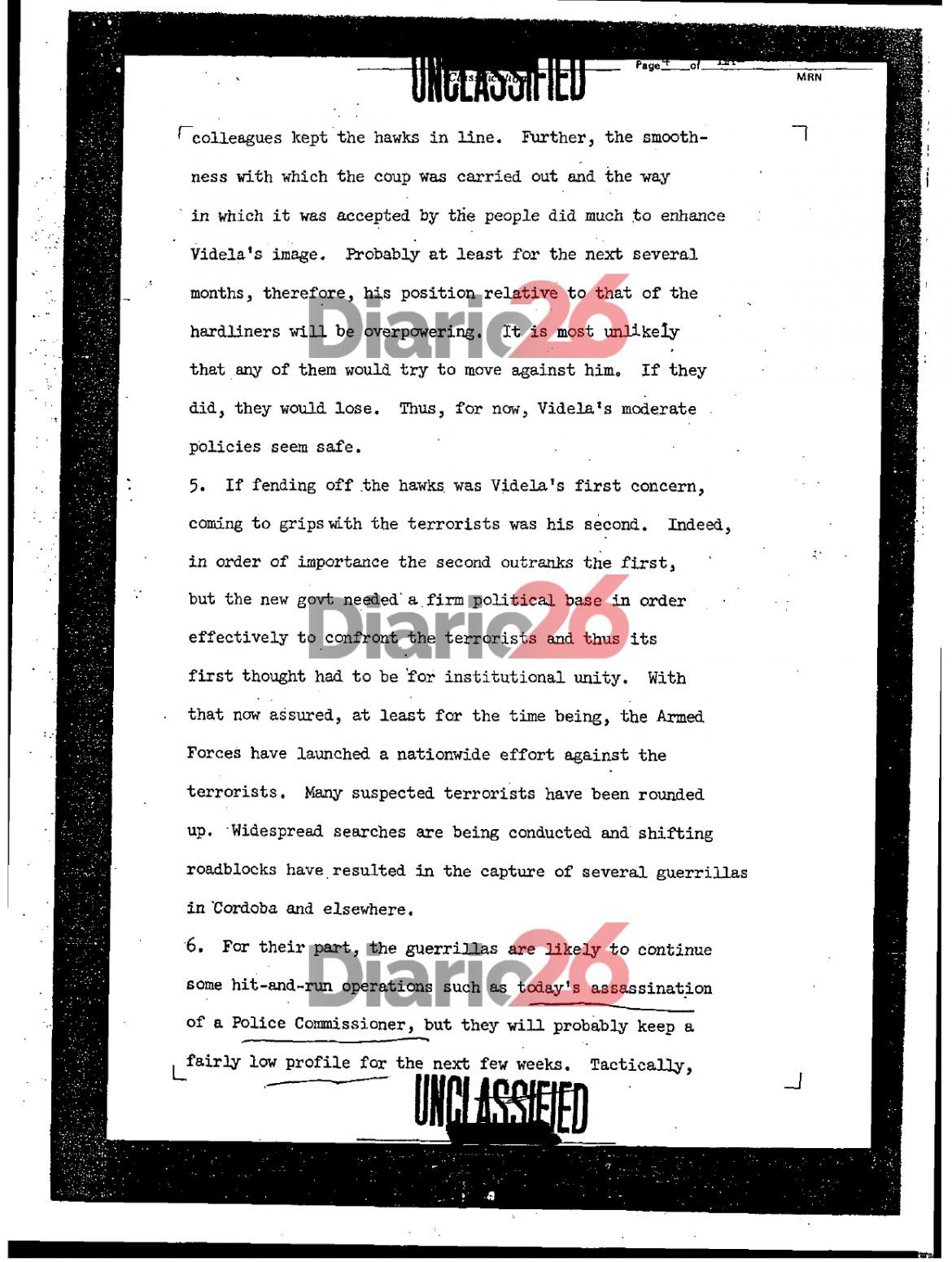 24 de marzo de 1976, golpe militar, dictadura militar en Argentina, documentos de Estados Unidos, Videla