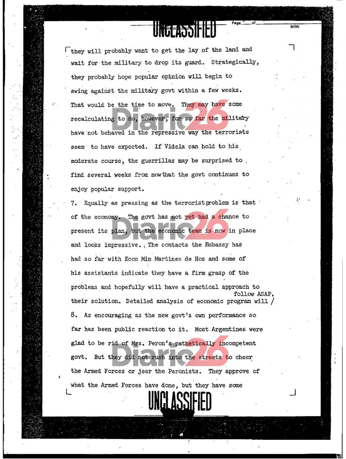 24 de marzo de 1976, golpe militar, dictadura militar en Argentina, documentos de Estados Unidos, Videla